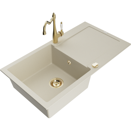 Mexen Leo granite sink 1-bowl with drainer and kitchen faucet Carla, beige - 6501-69-670700-50