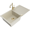 Mexen Leo Granite Sink 1-Bowl with Drainer and Carla Kitchen Tap, Beige - 6501-69-670700-50
