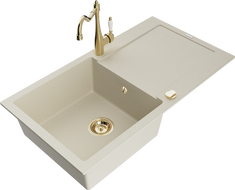 Mexen Leo 1-compartment granite sink with a drip tray and kitchen mixer tap Carla, Beige - 6501-69-670700-50