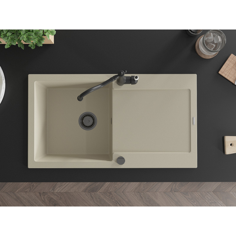 Mexen Leo granite sink 1-bowl with drainer and Carla kitchen faucet, beige - 6501-69-670700-70