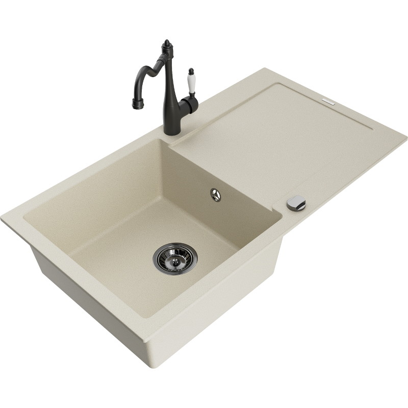 Mexen Leo 1-bowl granite sink with drainer and Carla kitchen faucet, beige - 6501-69-670700-70
