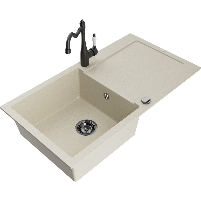 Mexen Leo granite sink 1-bowl with drainer and Carla kitchen faucet, beige - 6501-69-670700-70