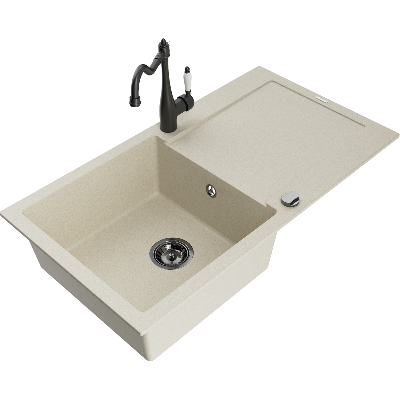 Mexen Leo granite sink with 1 bowl, drainer, and Carla kitchen tap, beige - 6501-69-670700-70
