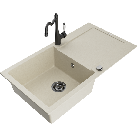 Mexen Leo granite sink 1-bowl with drainer and Carla kitchen faucet, beige - 6501-69-670700-70