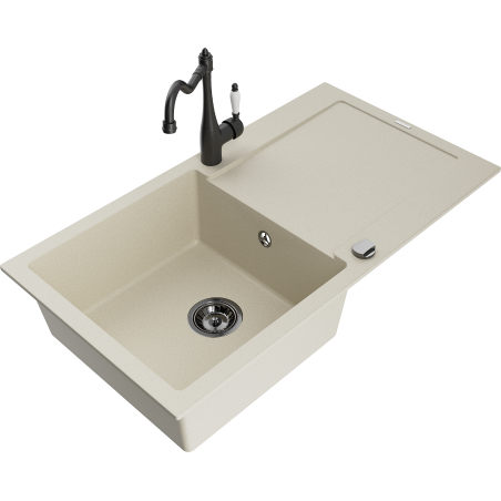 Mexen Leo granite sink with 1 bowl, drainer, and Carla kitchen tap, beige - 6501-69-670700-70