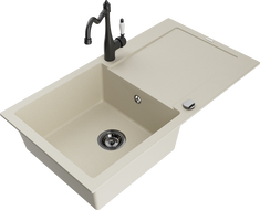 Mexen Leo 1-compartment granite sink with a drip tray and kitchen mixer tap Carla, Beige - 6501-69-670700-70