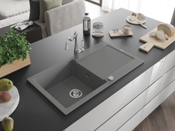 Mexen Leo granite sink 1-bowl with drainer and kitchen faucet Carla, gray - 6501-71-670700-00