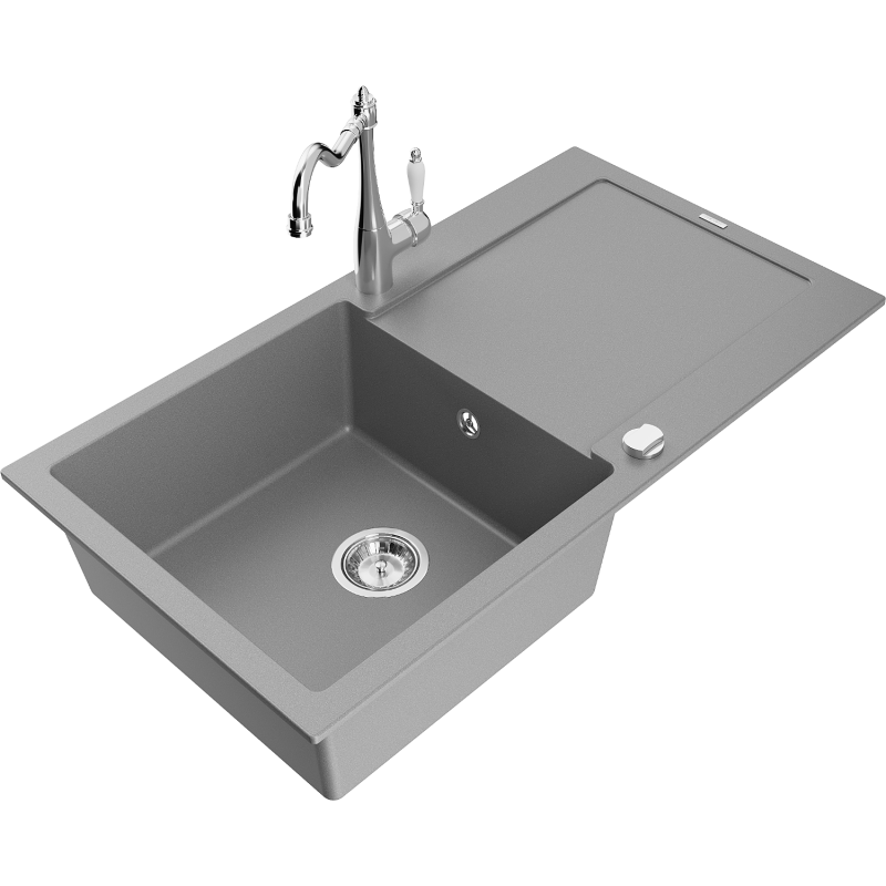 Mexen Leo 1-bowl granite kitchen sink with drainer and Carla tap, grey - 6501-71-670700-00