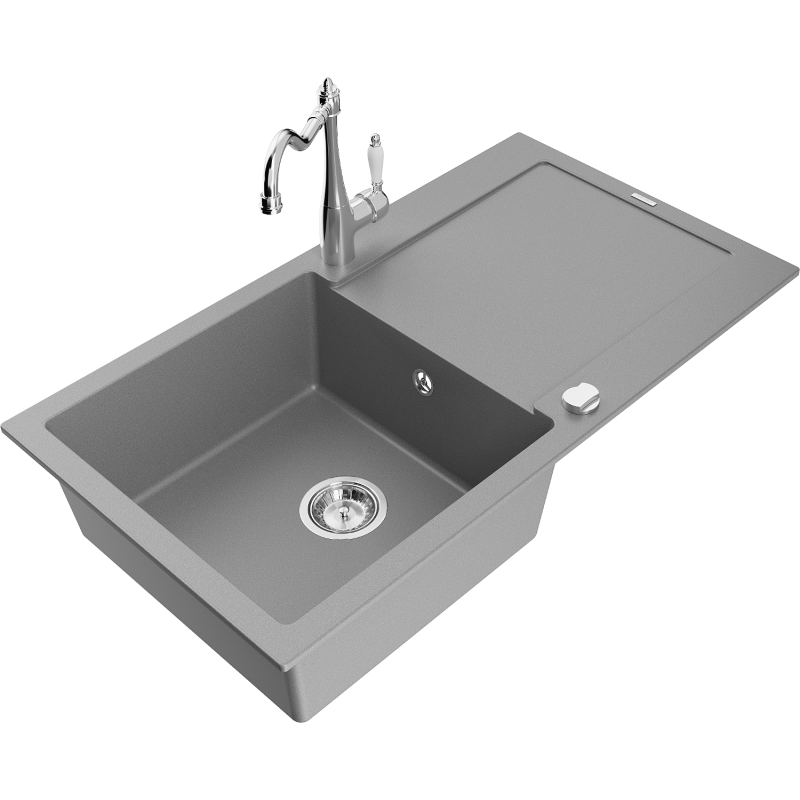 Mexen Leo 1-compartment granite sink with a drip tray and kitchen mixer tap Carla, Grey - 6501-71-670700-00