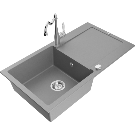 Mexen Leo 1-bowl granite kitchen sink with drainer and Carla tap, grey - 6501-71-670700-00