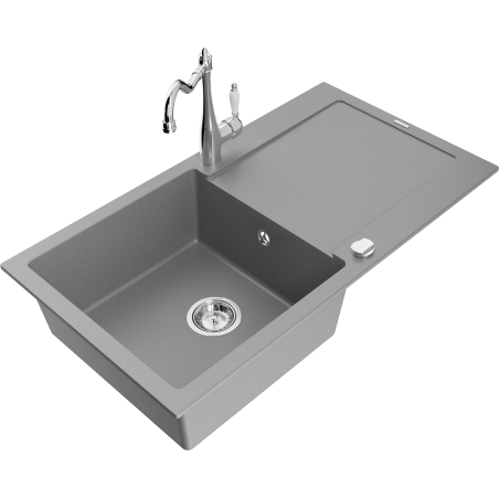 Mexen Leo granite sink 1-bowl with drainer and kitchen faucet Carla, gray - 6501-71-670700-00