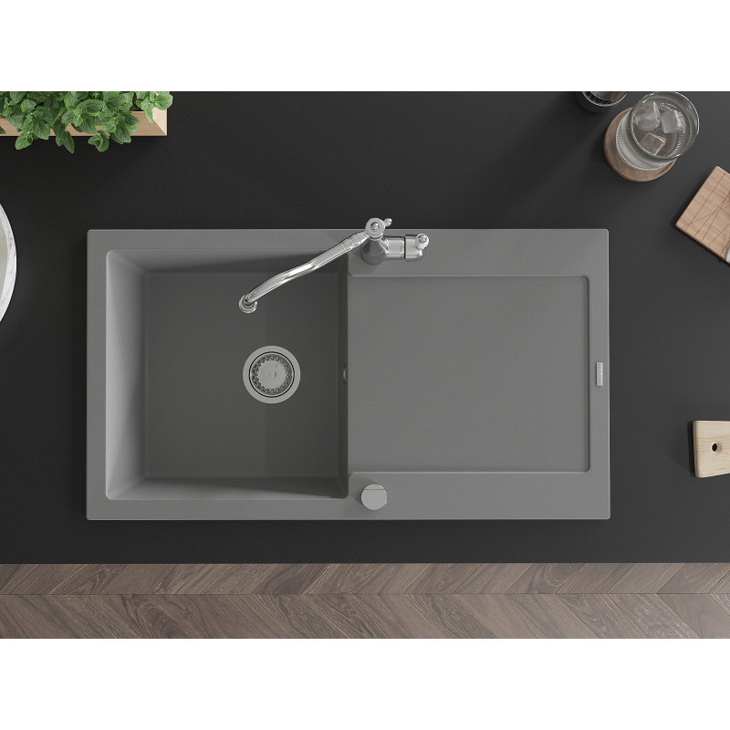 Mexen Leo granite sink 1-bowl with drainer and kitchen faucet Carla, gray - 6501-71-670700-00