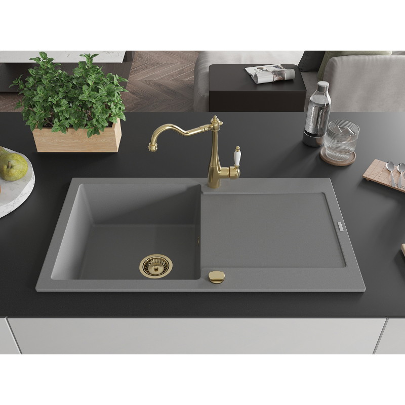 Mexen Leo granite kitchen sink with 1 bowl, drainer, and Carla kitchen faucet, gray - 6501-71-670700-50