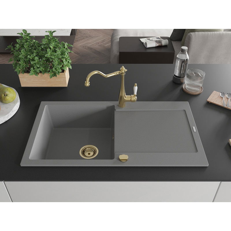 Mexen Leo granite sink 1-bowl with drainer and Carla kitchen tap, grey - 6501-71-670700-50