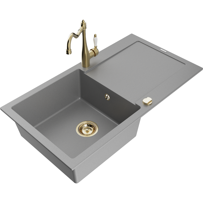 Mexen Leo 1-compartment granite sink with a drip tray and kitchen mixer tap Carla, Grey - 6501-71-670700-50