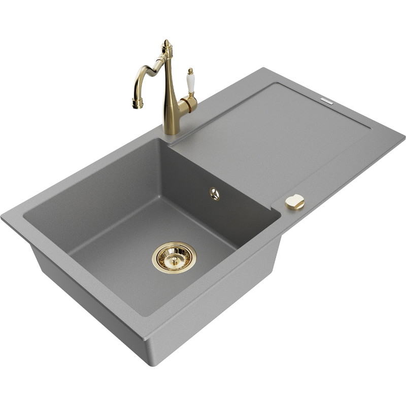 Mexen Leo granite kitchen sink with 1 bowl, drainer, and Carla kitchen faucet, gray - 6501-71-670700-50