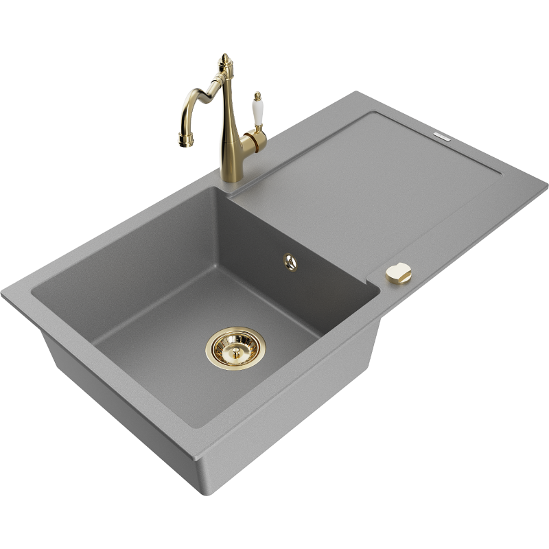 Mexen Leo granite sink 1-bowl with drainer and Carla kitchen tap, grey - 6501-71-670700-50