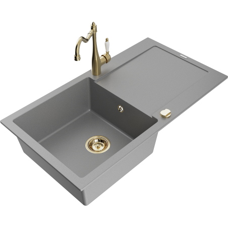Mexen Leo 1-compartment granite sink with a drip tray and kitchen mixer tap Carla, Grey - 6501-71-670700-50