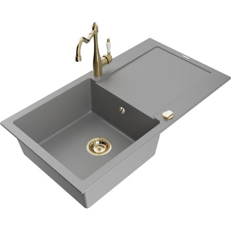 Mexen Leo granite sink 1-bowl with drainer and Carla kitchen tap, grey - 6501-71-670700-50