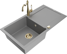 Mexen Leo 1-compartment granite sink with a drip tray and kitchen mixer tap Carla, Grey - 6501-71-670700-50