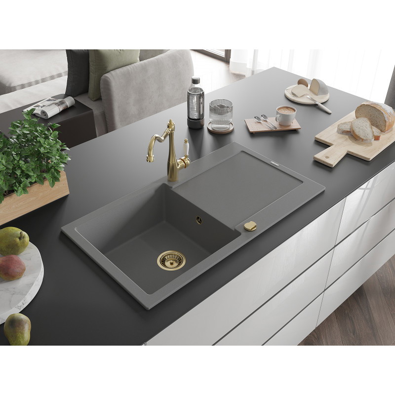 Mexen Leo granite sink 1-bowl with drainer and kitchen faucet Carla, gray - 6501-71-670700-50