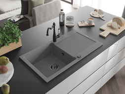 Mexen Leo 1-bowl granite kitchen sink with drainer and Carla kitchen faucet, gray - 6501-71-670700-70-B
