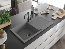 Mexen Leo 1-compartment granite sink with a drip tray and kitchen mixer tap Carla, Grey - 6501-71-670700-70-B