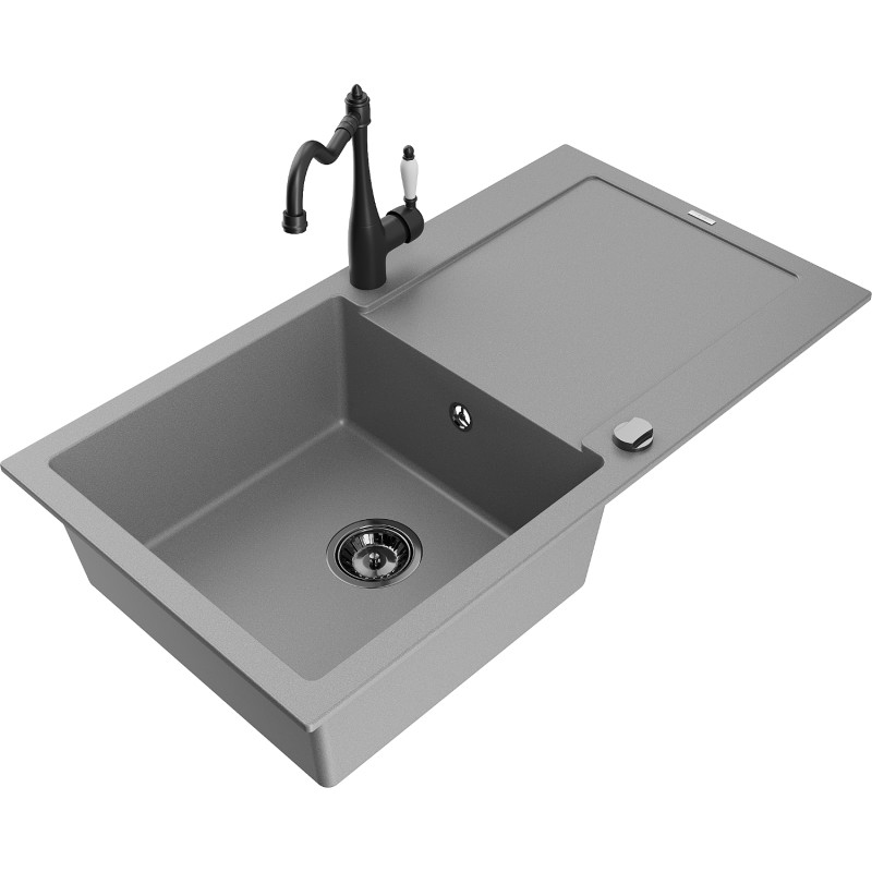 Mexen Leo 1-bowl granite kitchen sink with drainer and Carla kitchen faucet, gray - 6501-71-670700-70-B
