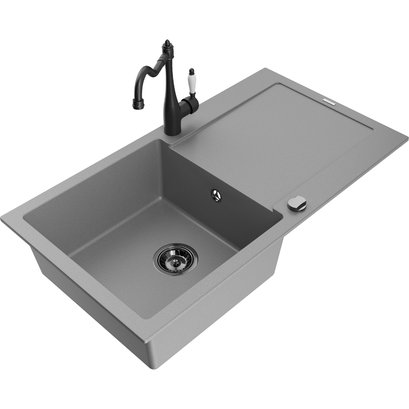 Mexen Leo granite sink 1-bowl with drainer and Carla kitchen tap, grey - 6501-71-670700-70-B