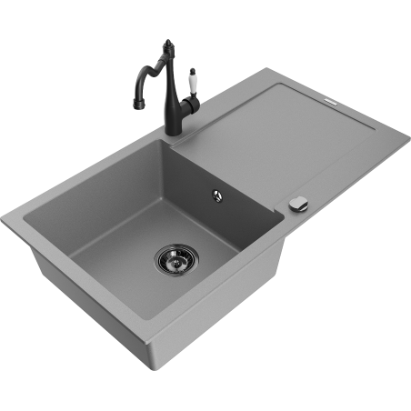 Mexen Leo granite sink 1-bowl with drainer and Carla kitchen tap, grey - 6501-71-670700-70-B