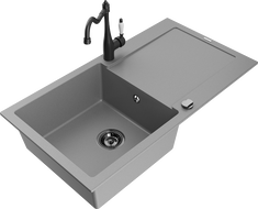 Mexen Leo 1-compartment granite sink with a drip tray and kitchen mixer tap Carla, Grey - 6501-71-670700-70-B