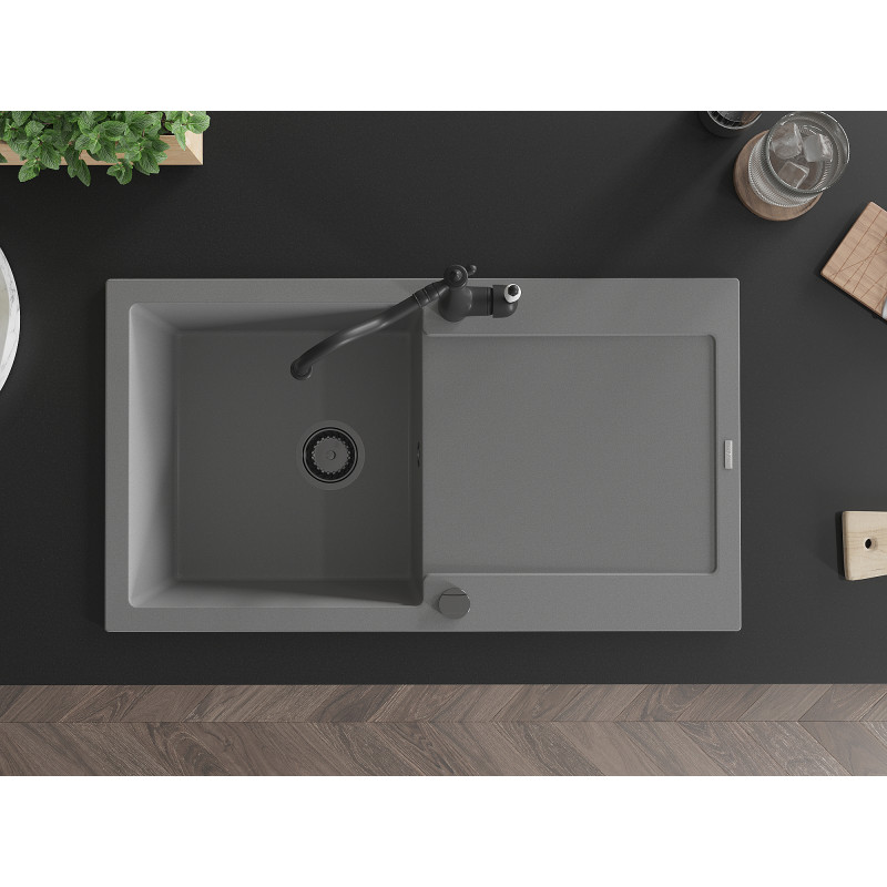 Mexen Leo granite sink 1-bowl with drainer and kitchen faucet Carla, gray - 6501-71-670700-70-B