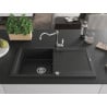 Mexen Leo 1-bowl granite sink with drainer and Carla kitchen faucet, black/silver metallic - 6501-73-670700-00