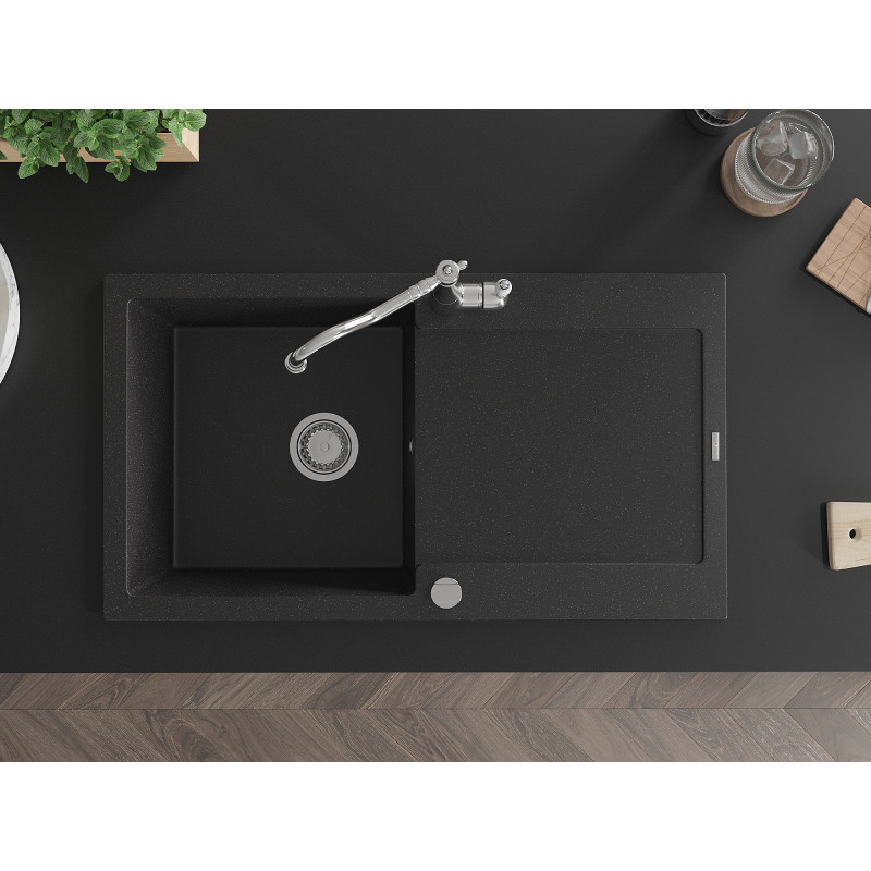 Mexen Leo granite single-bowl kitchen sink with drainer and kitchen faucet Carla, black/silver metallic - 6501-73-670700-00