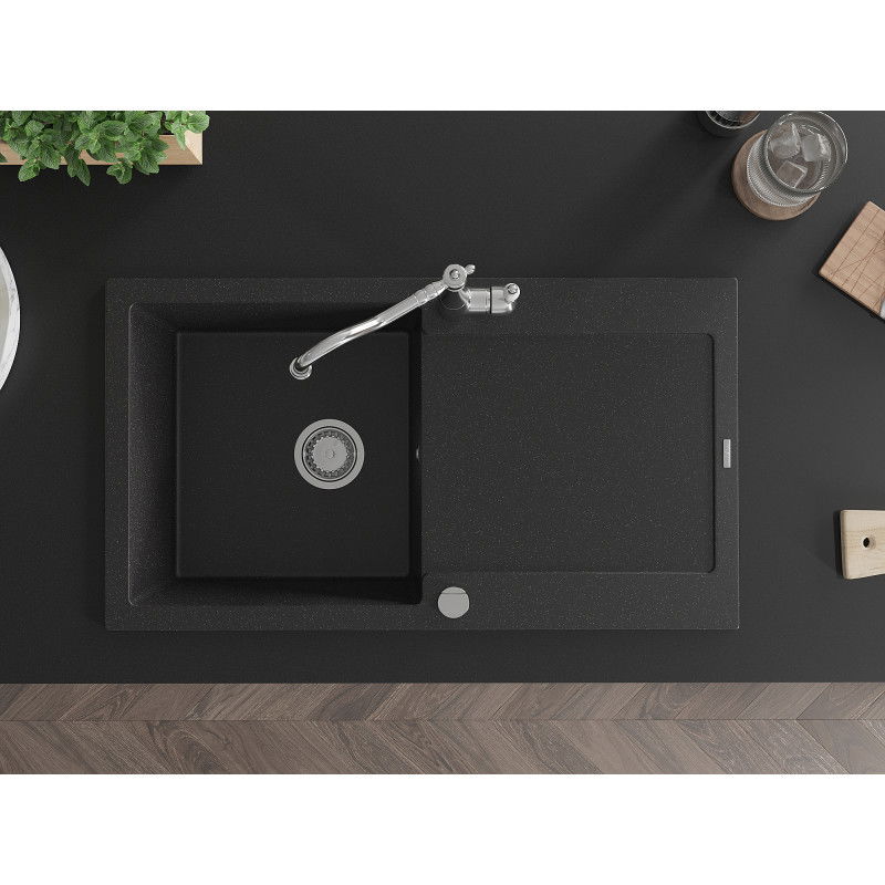 Mexen Leo granite sink 1-bowl with drainer and Carla kitchen tap, black/silver metallic - 6501-73-670700-00