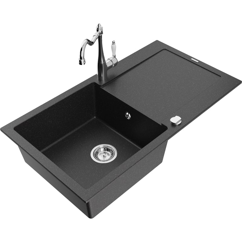 Mexen Leo 1-bowl granite sink with drainer and Carla kitchen faucet, black/silver metallic - 6501-73-670700-00