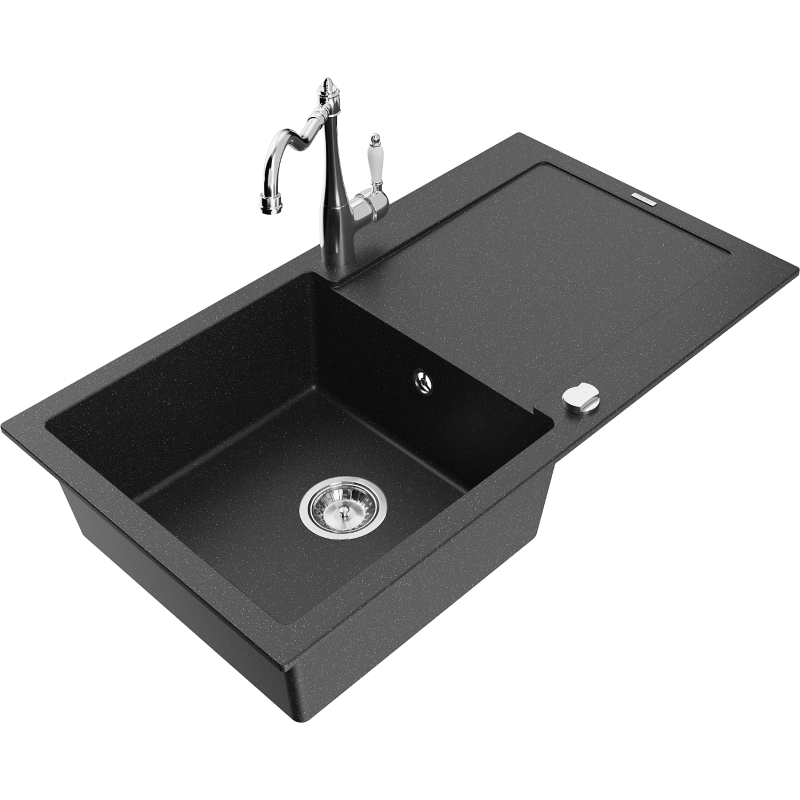 Mexen Leo granite single-bowl kitchen sink with drainer and kitchen faucet Carla, black/silver metallic - 6501-73-670700-00