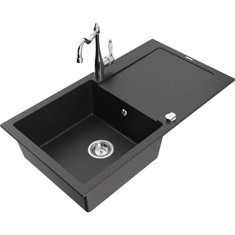 Mexen Leo granite sink 1-bowl with drainer and Carla kitchen tap, black/silver metallic - 6501-73-670700-00