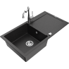 Mexen Leo granite sink 1-bowl with drainer and Carla kitchen tap, black/silver metallic - 6501-73-670700-00