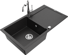 Mexen Leo 1-bowl granite sink with drainer and Carla kitchen faucet, black/silver metallic - 6501-73-670700-00