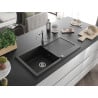 Mexen Leo granite sink 1-bowl with drainer and Carla kitchen tap, black/silver metallic - 6501-73-670700-00