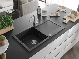 Mexen Leo granite sink 1-bowl with drainer and Carla kitchen tap, black/silver metallic - 6501-73-670700-00