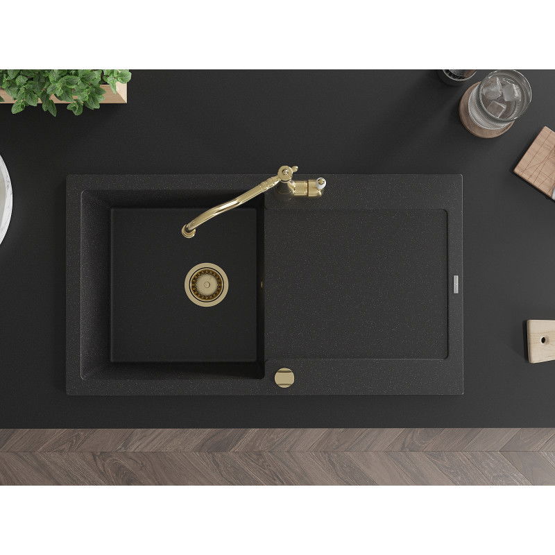 Mexen Leo granite sink 1-bowl with drainer and Carla kitchen tap, black/silver metallic - 6501-73-670700-50