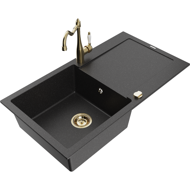 Mexen Leo granit sink 1-bowl with drainer and kitchen faucet Carla, black/silver metallic - 6501-73-670700-50