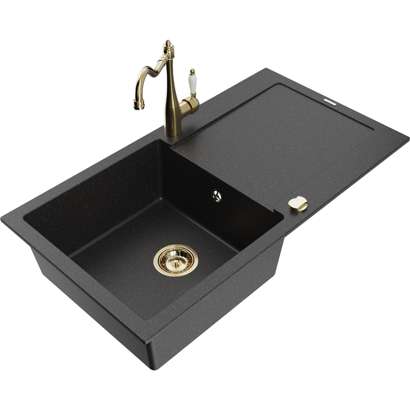 Mexen Leo granite sink 1-bowl with drainer and Carla kitchen tap, black/silver metallic - 6501-73-670700-50