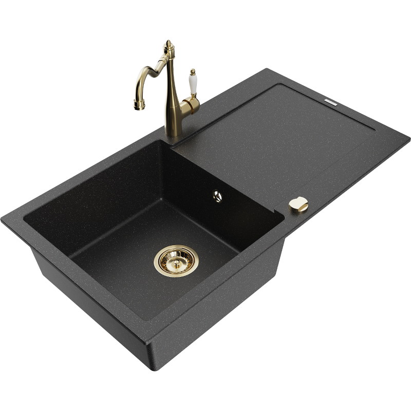 Mexen Leo granite sink 1-bowl with drainer and kitchen faucet Carla, black/silver metallic - 6501-73-670700-50
