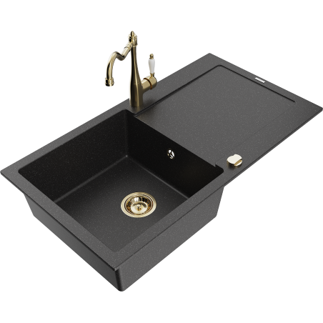 Mexen Leo granit sink 1-bowl with drainer and kitchen faucet Carla, black/silver metallic - 6501-73-670700-50