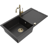Mexen Leo granite sink 1-bowl with drainer and Carla kitchen tap, black/silver metallic - 6501-73-670700-50