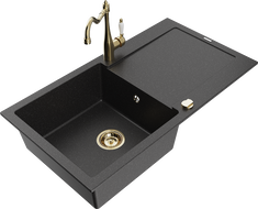 Mexen Leo granite sink 1-bowl with drainer and kitchen faucet Carla, black/silver metallic - 6501-73-670700-50