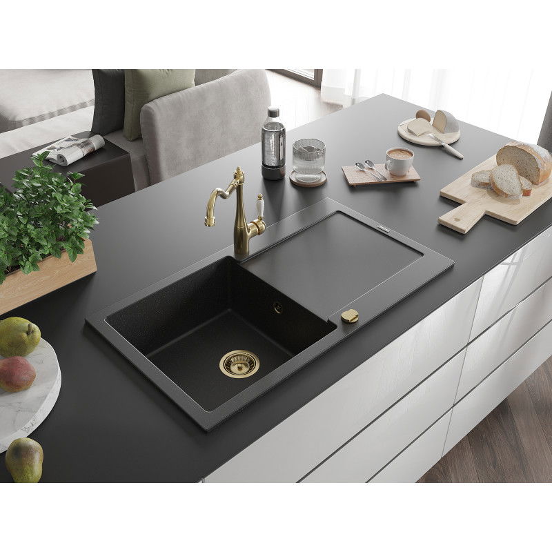 Mexen Leo granite sink 1-bowl with drainer and Carla kitchen tap, black/silver metallic - 6501-73-670700-50